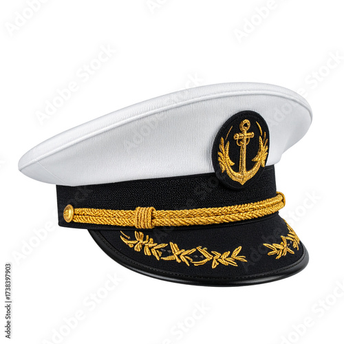 Angled Side View of Maritime Captain’s Hat with Embroidered Anchor Badge, Transparent Background