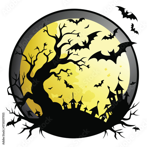 Spooky halloween night scene with bats flying around a full moon and haunted houses