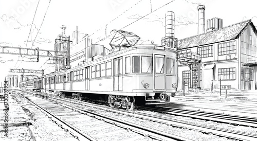 Monochrome sketch of a vintage tram alongside an industrial area with railway tracks and buildings