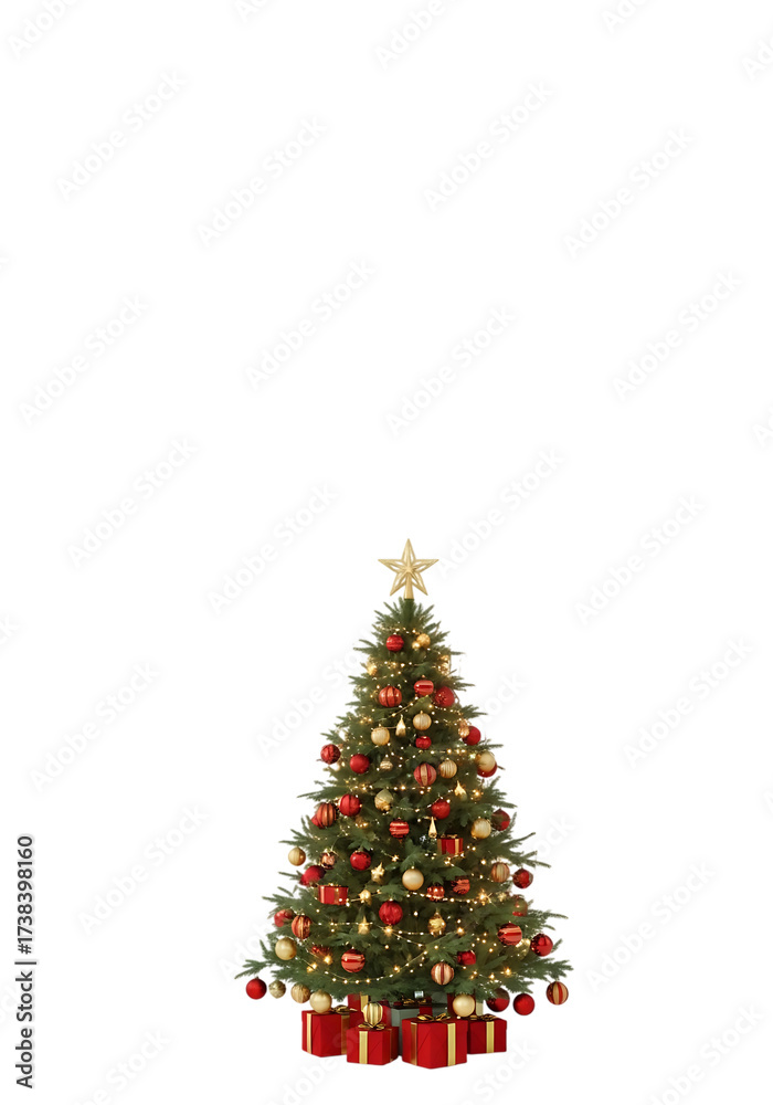 Fototapeta premium A classic christmas tree, beautifully adorned with red and gold ornaments, stands gracefully, with a radiant star on top and a collection of red and gold gifts beneath isolated on transparent backgrou