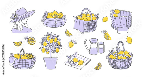 A charming collection of lemon-themed illustrations featuring baskets of fruit, a potted tree, and a woman in a hat.