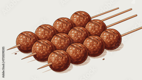 Grilled Meatballs on Skewers Delicious Asian Cuisine Culinary Art BBQ Illustration