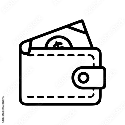 Outline drawing of a wallet with a coin and a bill sticking out of it on a white background image on transparent background silhouette