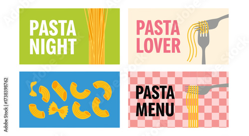 Four pasta themed graphic designs, including pasta night, pasta lover, and pasta menu.