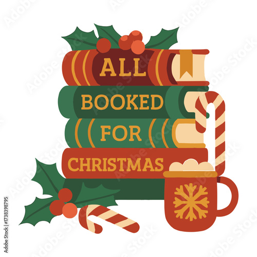 Festive books stacked with holly, candy cane, and a mug of hot chocolate.