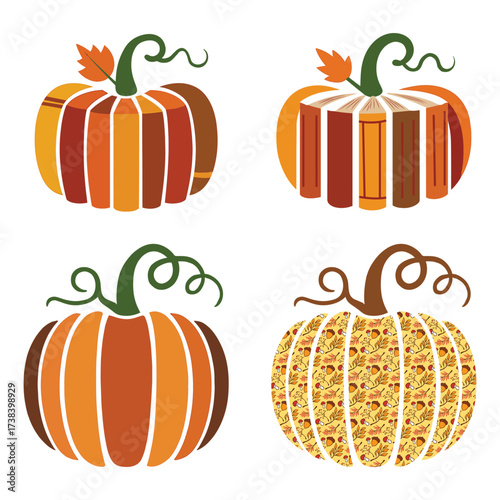 Set of Four Stylized Pumpkins – Autumn Vector with Book, Floral, and Abstract Variants