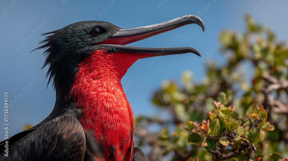Naklejka premium Majestic frigate bird with vibrant red throat perched on bush against bright blue sky