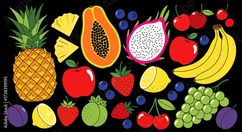 Vibrant assortment of fresh tropical and summer fruits illustrated on a black background.