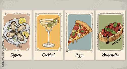 Four vintage-style illustrated cards featuring oysters, a cocktail, pizza, and bruschetta, each with a decorative border and label.