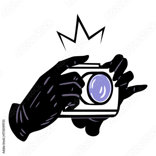 Gloved hands with camera and flash isolated vector illustration