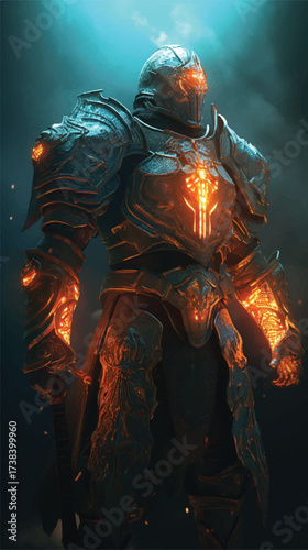 Powerful Warrior in Full Armor with Glowing Embers and a Dark Fantasy Backdrop Creation