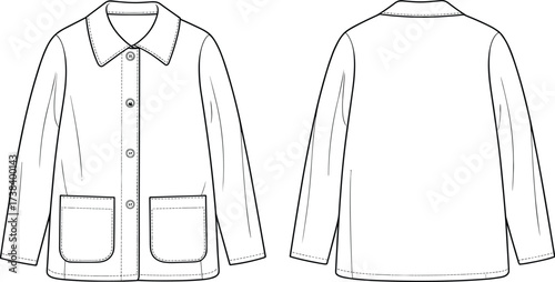 Collared jacket flat sketch, button down fashion template, patch pocket design, front and back view, apparel technical drawing, garment illustration