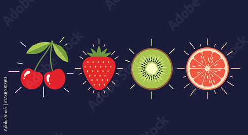 A vibrant illustration featuring a row of stylized fruits including cherries, a strawberry, kiwi, and grapefruit against a dark blue background.