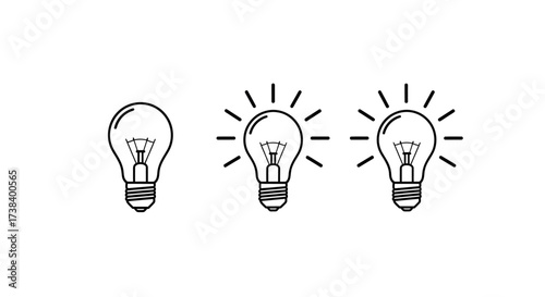 Three light bulbs in a row, showing different levels of brightness, from off to fully lit.