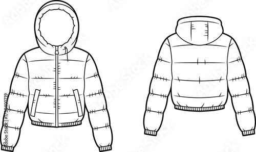 Puffer jacket flat sketch, quilted hooded coat template, zipper front closure, ribbed cuffs hem, front and back view fashion illustration