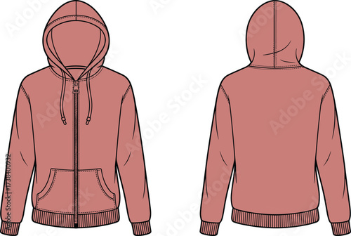 Hooded sweatshirt flat sketch, zip up hoodie template, drawstring hood design, ribbed cuffs hem, front and back view fashion illustration