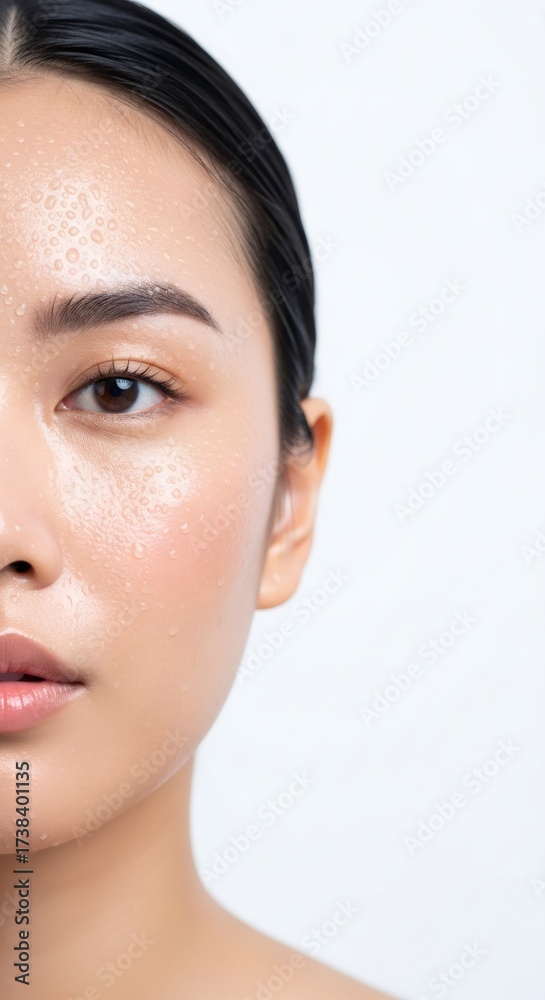 Obraz premium Half face of a woman with water droplets on hydrated skin, close-up macro shot with copy space. Concept of beauty, care, moisture for skin product.
