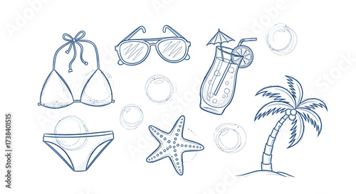 Hand-drawn summer vacation icons set with bikini, cocktail, sunglasses and palm tree sketch.