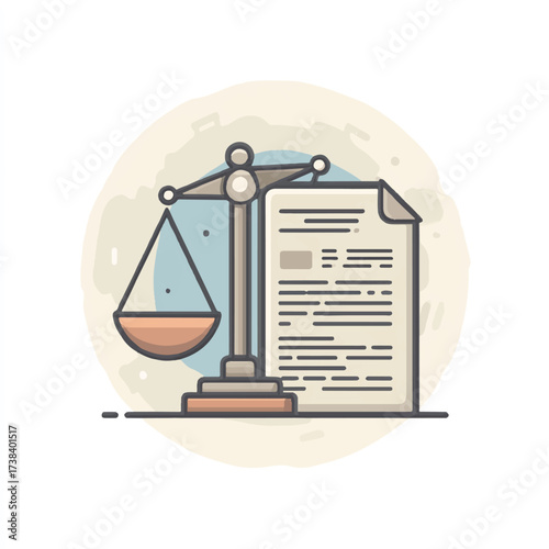 Scales of justice and legal document illustration representing law fairness and balance in the legal system