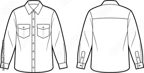 Long sleeve button up shirt front and back view, fashion flat sketch, apparel technical drawing, clothing vector template, casual wear design illustration