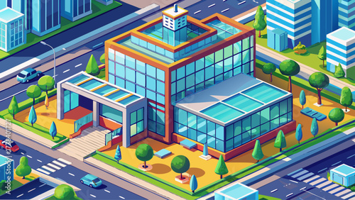 Isometric modern office building vector illustration with trees, 3D architecture, glass facade, rooftop, parking lot, scalable design, clean lines, vibrant colors, urban skyline, professional detailed