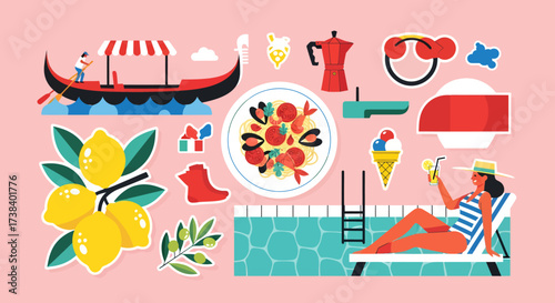 A vibrant collection of Italian travel and leisure themed illustrations including a gondola, pasta, lemons, a moka pot, and a woman relaxing by a swimming pool.
