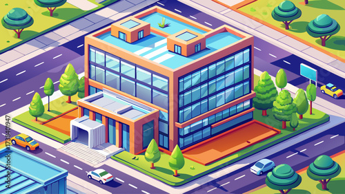Isometric modern office building vector illustration with trees, 3D architecture, glass facade, rooftop, parking lot, scalable design, clean lines, vibrant colors, urban skyline, professional detailed