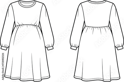 Long sleeve dress front and back view, fashion flat sketch, apparel technical drawing, clothing vector template, gathered waist design, flared skirt illustration