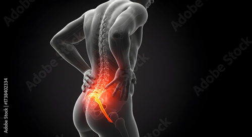 3D Medical Illustration of Intense Lower Back Pain with Glowing Red Inflammation Highlighting Sciatic Nerve on Dark Background