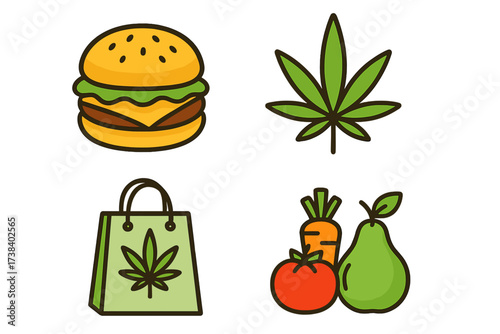 Food icons set. Healthy vegan choice vs fast food. Vegetables, fruit, burger. Cannabis leaf, marijuana delivery bag. CBD edibles concept. Junk food. Health. Vector design.