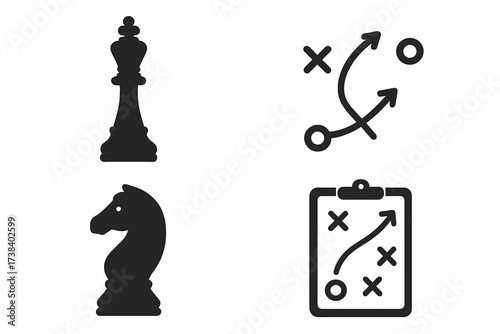 Strategy and tactics vector icon set. Chess pieces king and knight with game plan on clipboard. Business solution, management, and leadership concept for marketing success.