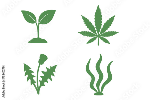 Vector plant icon set with cannabis, sprout, dandelion, and seaweed symbols. Green silhouette collection for nature, growth, weed, marijuana, hemp, and eco concepts.