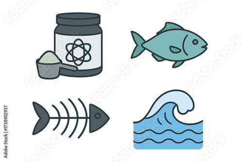 Protein and sea sign vector icon set. Fish and supplement powder. Fishbone, ocean wave symbols. Nutrition, diet, health, fitness. Bodybuilding, sport, food, marine, fishing.