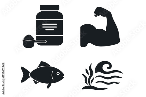 Protein sources icon set vector. Fish seafood and whey supplement for muscle building. Bicep arm, gym fitness, nutrition symbol. Bodybuilding food and sport drink concept.
