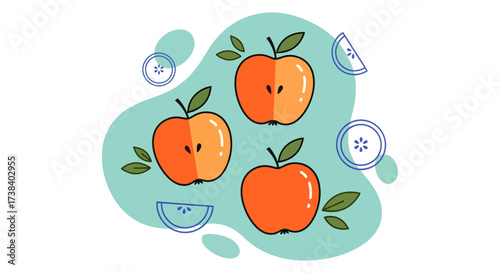 A vibrant illustration featuring three stylized apples, two of which are cut in half to reveal their seeds, surrounded by abstract organic shapes and decorative fruit slices.