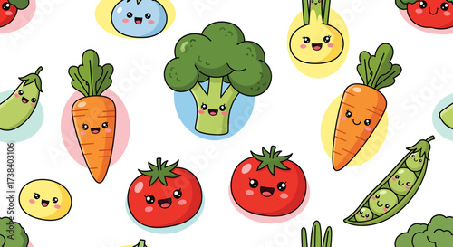 A seamless pattern featuring an assortment of cute, smiling cartoon vegetables like broccoli, carrots, tomatoes, peas, onions, and eggplants on a white background.