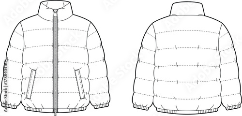 Puffer jacket flat sketch, front and back view, quilted outerwear template, fashion design illustration, apparel vector mockup, winter garment drawing