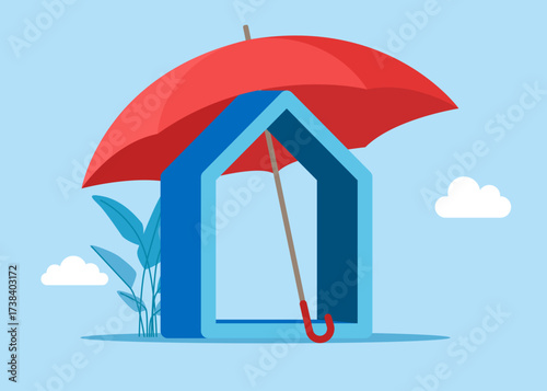 Insurance, protection. House under umbrella. Money saving to loan house, property of financial, money investment. Vector flat illustration