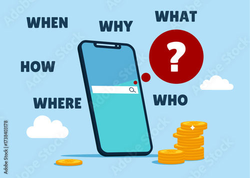 Thinking of who what where when why and how on mobile phone. 5w1h asking questions for solution to solve problem, technology analysis to new idea. Vector flat illustration.
