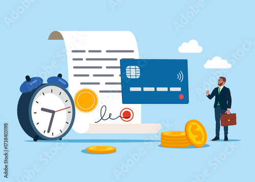 Technology for business. Money, security. Payment credit card with clock alert management. Vector flat illustration