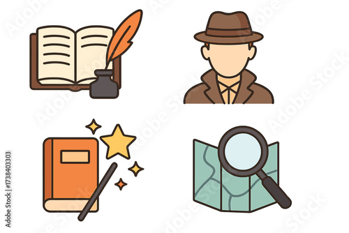 Story genres vector icon set. Detective mystery, fantasy magic, and history writing concepts. Investigation, research, and storytelling symbols. Book, quill, map and spy signs.