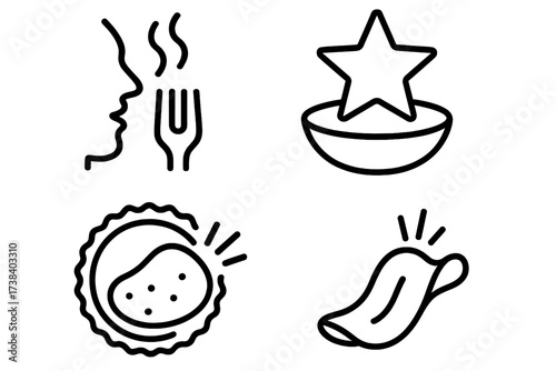 Vector food icons set for taste, flavor, and texture. Line symbols for delicious meal, yummy aroma, crunchy food, favorite dish star rating, and tasting sense with tongue.