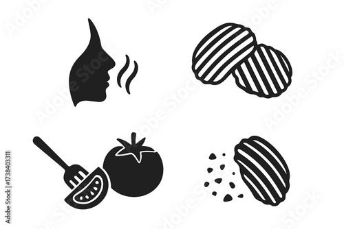 Vector icon set for food and snacks. Taste and crunchy logo collection. Potato chips with tomato flavor. Smell, aroma, and seasoning symbols. Simple black glyphs for packaging.