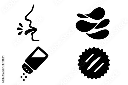 Taste and crunchy icon set. Potato chips snack. Salt shaker seasoning. Flavor tasting concept. Crispy junk food. Savory cracker. Appetizer symbol collection. Food logo element.