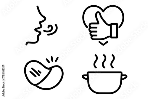 Food sensory experience icon set. Vector line icons for taste, smell, and crunchy texture. Delicious meal, cooking aroma, and customer satisfaction symbols. Thumbs up like.