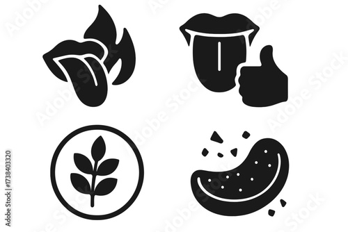 Spicy food icon with hot taste and flame. Delicious flavor yummy symbol with thumbs up. Crunchy texture crispy snack. Whole grain and fiber sign. Food quality vector glyph set.