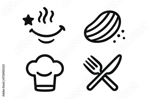 Food icon collection for taste and crunchy snacks. Vector logo set. Chef hat, kitchen, restaurant dining fork and knife symbol. Delicious meal, cooking flavor simple line icons.