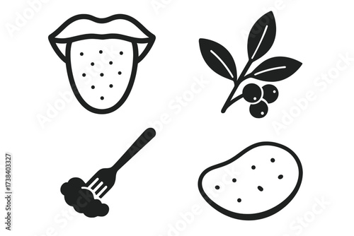 Simple food icon set vector glyph collection. Taste and flavor concept with tongue and taste buds. Natural ingredients, potato, berries and fork. Cooking and eating symbols.
