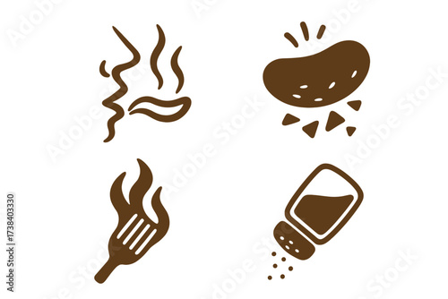 Food icon set for taste and flavor. Vector logo collection for crunchy snacks, spicy grill, and seasoning. Hot food, bbq fork, salt shaker, and crispy potato chip symbols.