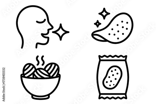 Taste and crunchy snack vector icon set. Line art collection with person smelling aroma, sparkling potato chip, hot meatball bowl, and crisps bag. Food logo symbols.